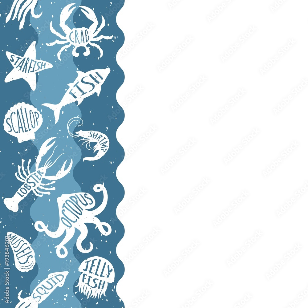 Vertical repeating pattern with seafood products. Seafood seamless banner with underwater animals. Tile design for restaurant menu, fish food industry or market shop. Vertical repeating pattern with seafood products. Seafood seamless banner with underwater animals. Tile design for restaurant menu, fish food industry or market shop.