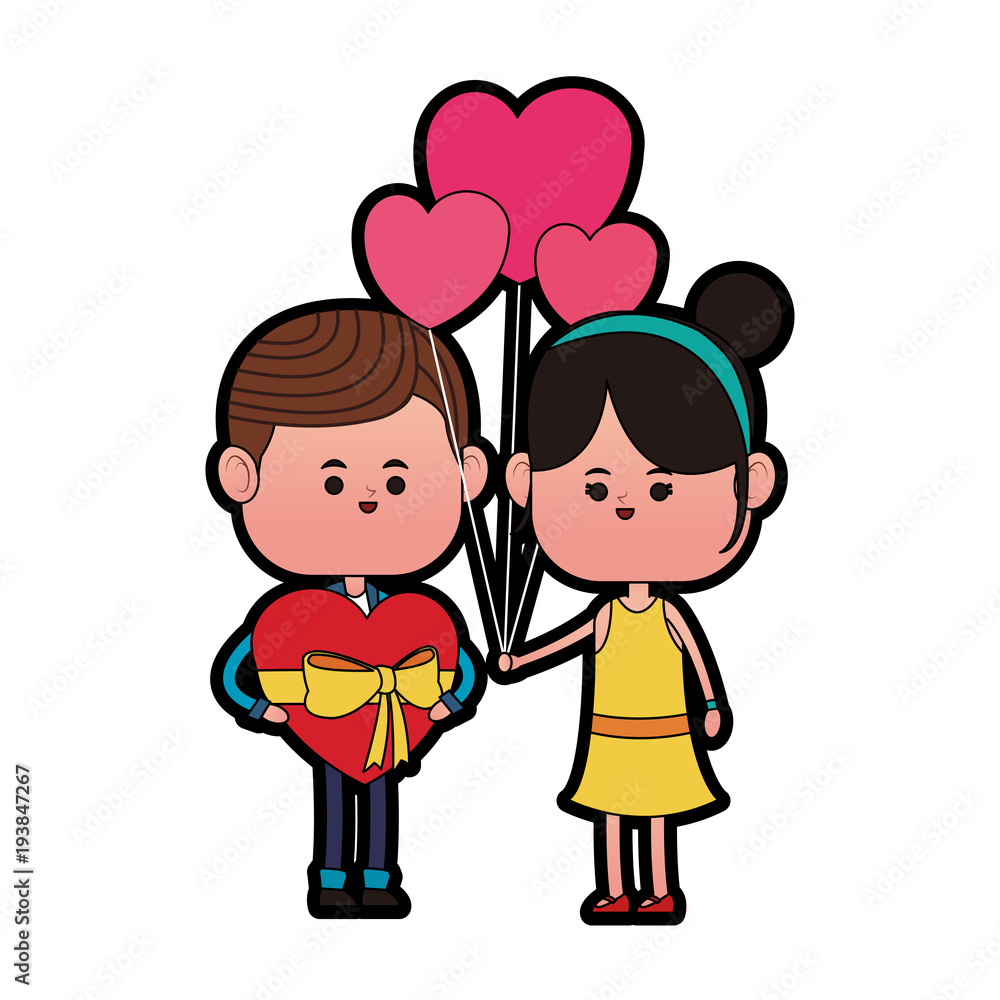 Cute couple with gift box and balloons cartoon vector illustration graphic design