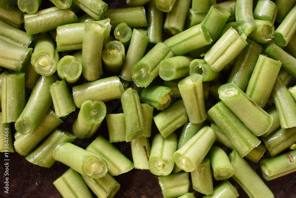 Slice piece of beans at kitchen ready for cook. Slice piece of beans at kitchen ready for cook.