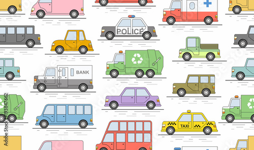 car seamless pattern. Flat colors style. Vector illustration
