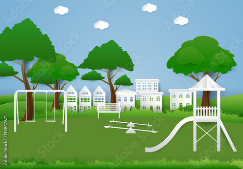 Children playground outdoor, Paper art background  paper cut illustration