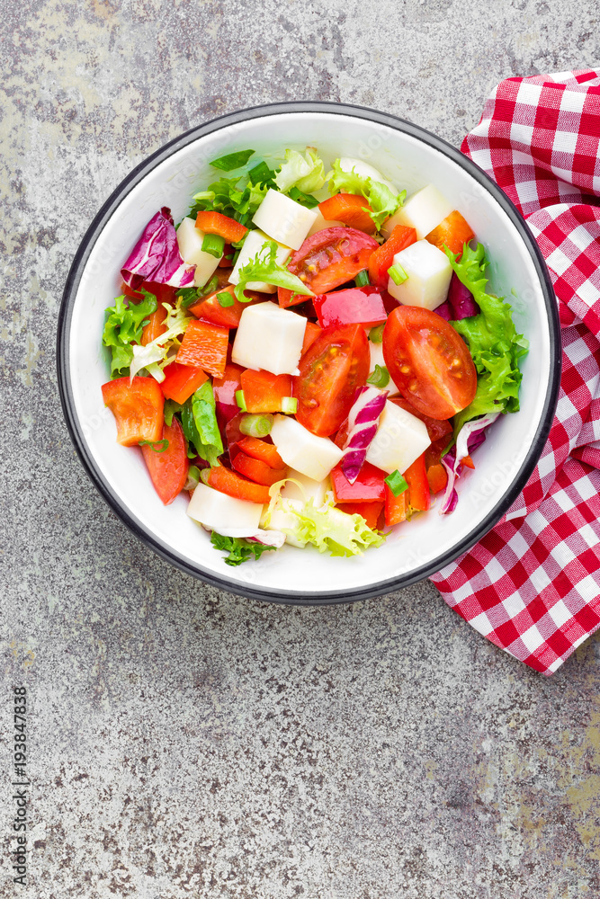 Vegetable dish, salad with bell pepper, tomato, italian mix, fresh lettuce and mozzarella cheese. Healthy food. Top view Vegetable dish, salad with bell pepper, tomato, italian mix, fresh lettuce and mozzarella cheese. Healthy food. Top view