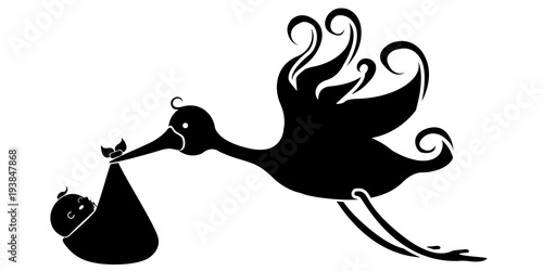 Stork carrying a baby in a bag