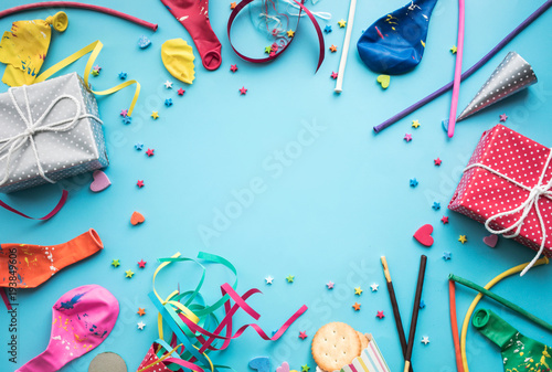Celebration,party backgrounds concepts ideas with colorful element,gift box present,confetti,balloon.Flat lay design