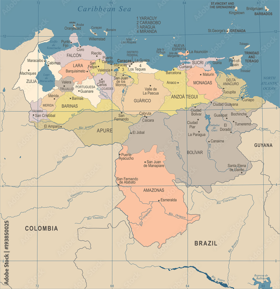 Venezuela Map - Vintage Detailed Vector Illustration