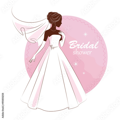 Bridal shower invitation. Young beautiful bride is in an elegant wedding dress. Vector illustration for your design.Invitation, greeting card, template for the bride show.