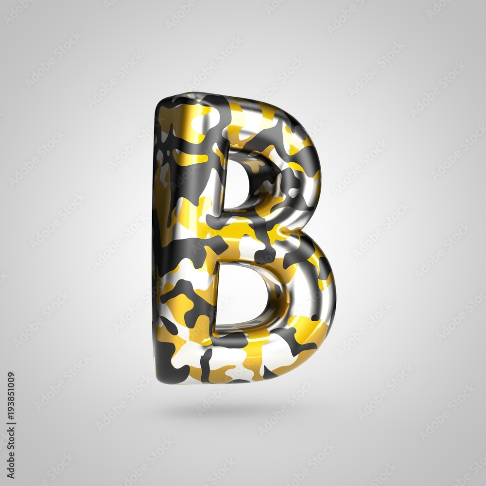 Camouflage letter B uppercase with golden, silver and black camouflage pattern isolated on white background. Camouflage letter B uppercase with golden, silver and black camouflage pattern isolated on white background.