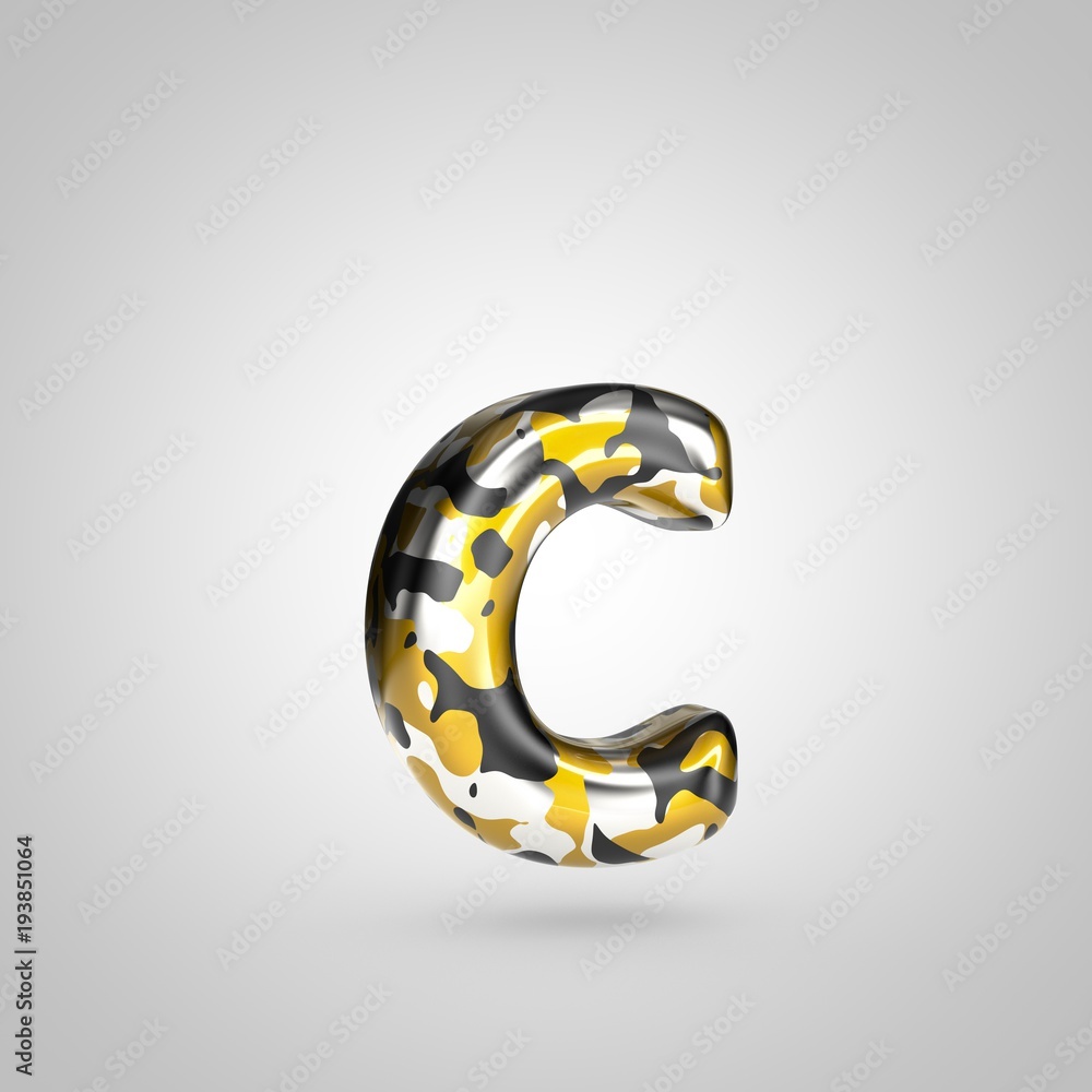 Naklejka premium Camouflage letter C lowercase with golden, silver and black camouflage pattern isolated on white background.