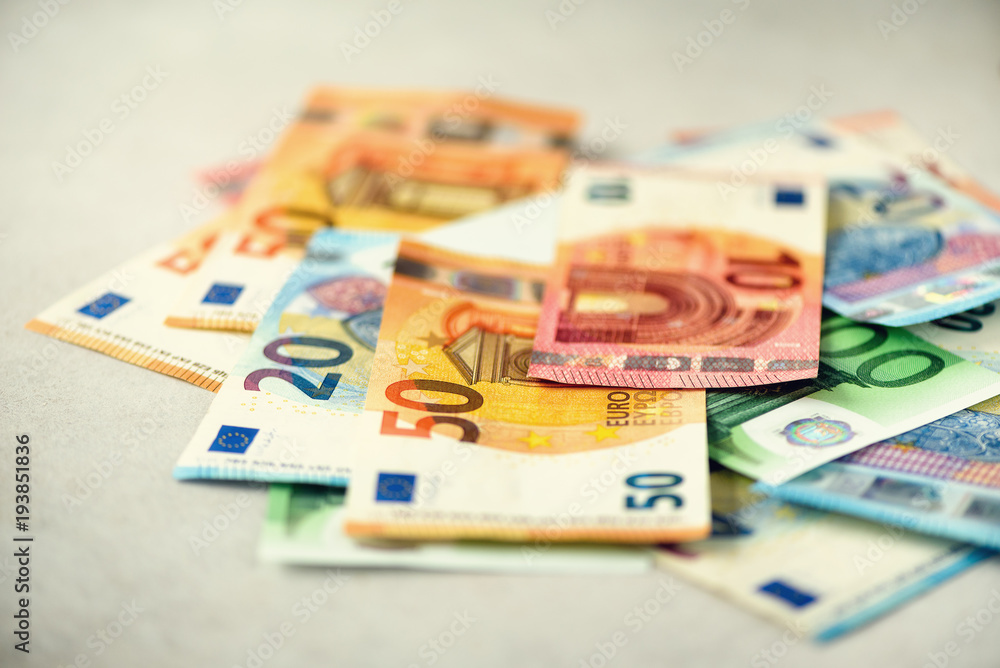 Euro currency money banknotes background. Payment and cash concept. Announced cancellation of five hundred euro banknotes. Top view