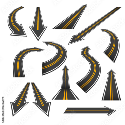 Road arrow set. Arrow roads with yellow markings, an illustrations  in a form of various turns, directions, perspectives and trends. Nice road pointer themed vector design elements isolated on white.