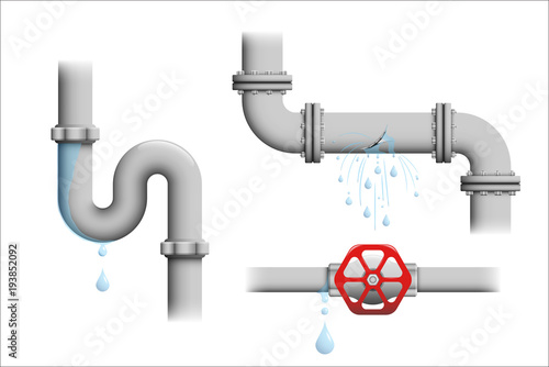 Leaking pipe vector set. Broken water pipeline with leakage, leaking valve, dripping drain illustrations isolated on white. Various realistic depictions of plastic or metal pipe leakages.