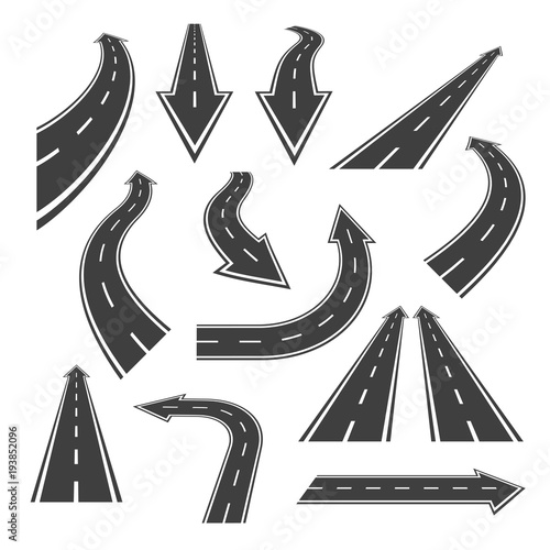 Arrow road set. Road arrows with white markings, an illustrations  in a form of various turns, directions and perspectives. Nice arrow alike road themed vector design elements isolated on white.