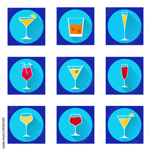 Set of  vector flat glasses with different alcoholic beverages of  martini with an olive, wine, champagne, whisky with ice cubes, cocktail with an umbrella a tubule and a segment of a lime icons