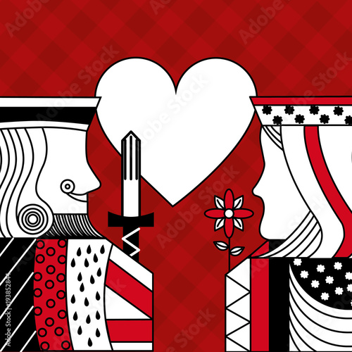 casino poker queen and king heart card game red checkered background vector illustration