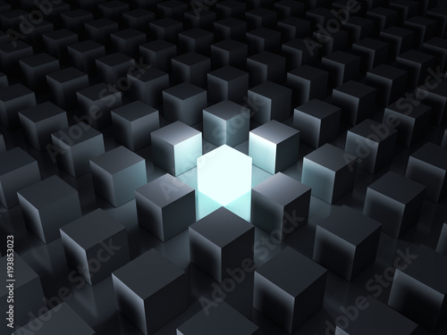 Stand out from the crowd and different creative idea concepts   One glowing light cube shining among other dim cubes in the dark night background with reflections and shadows . 3D rendering.