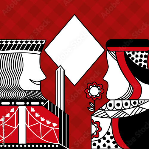 casino poker queen and king diamond card game red checkered background vector illustration