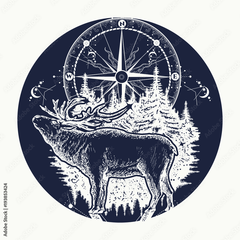 Reindeer and compass tattoo. Adventure, travel, outdoors, symbol. Tattoo  for travelers, climbers, hikers, wild forest. Deer and compass ethnic  tribal tattoo Stock Vector | Adobe Stock