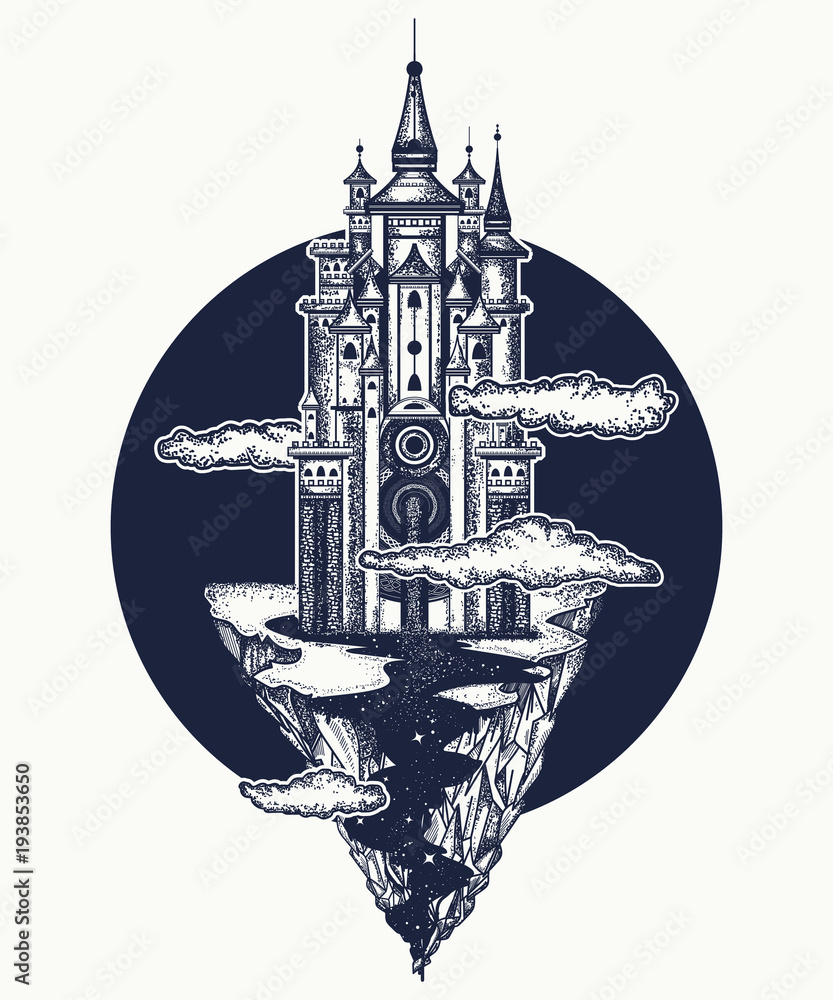 Dragon and castle tattoo art Symbol force fantasy fairy tale Strong  dragon and medieval castle tshirt design Stock Vector  Adobe Stock