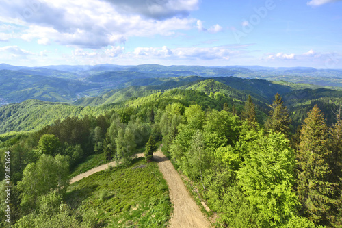 Fototapeta Naklejka Na Ścianę i Meble -  Beskidy mountains summer landscape. Panorama from Koziarz peak, Poland