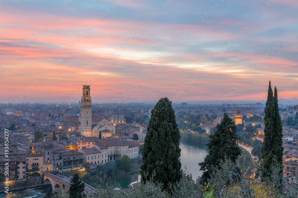 View of Verona from Castel San Pietro at sunset, Italy