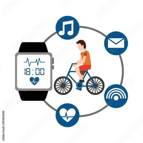 cartoon man riding bike sport activity wearable technology health vector illustration