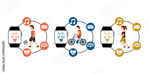 sport set people active fitness with smart watch wearable technology vector illustration