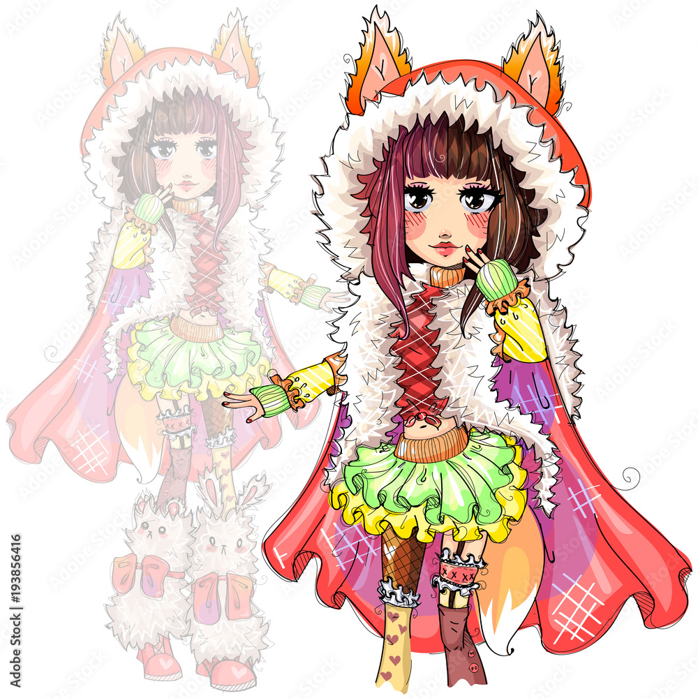 Cute fashion foxy girl with fox tail and ears cartoon character, little red riding hood hand drawn vector illustration