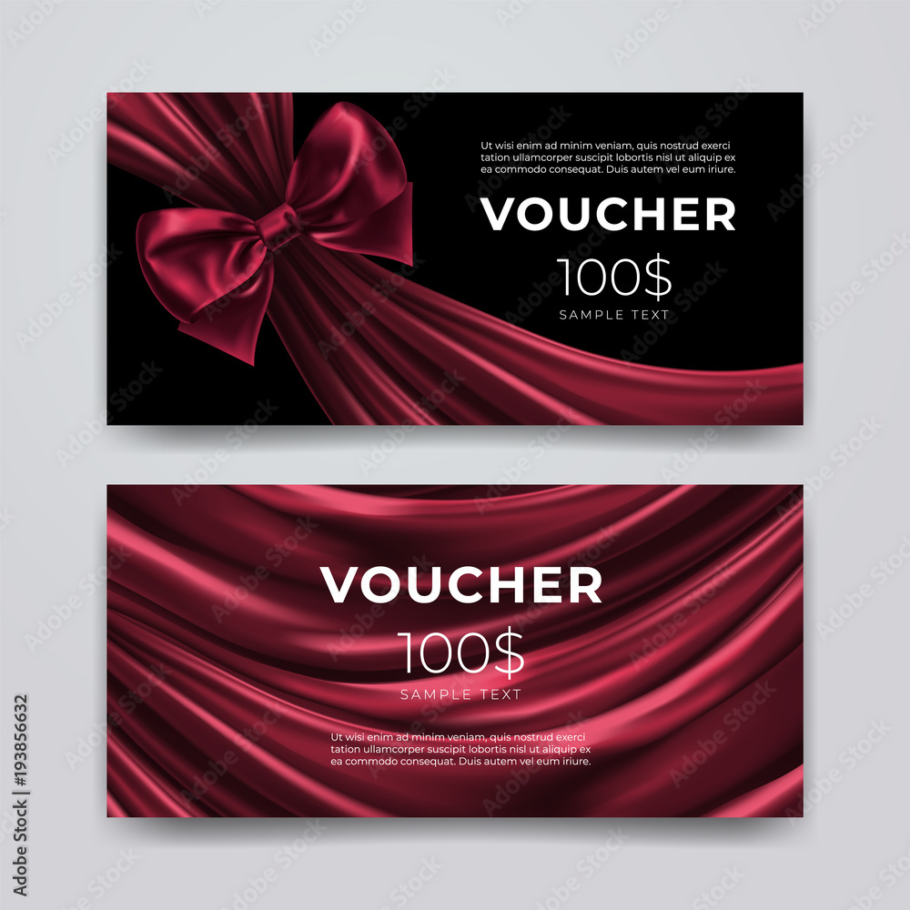 Vecteur Stock Gift voucher design template. Set of premium promotional card  with realistic dark red bow and silk isolated on black background. Discount  certificates, coupon or leaflet. Vector 3d illustration. | Adobe