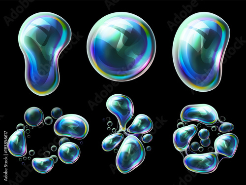 Set of realistic transparent colorful soap bubbles in the deformation. Water spheres with air, soapy balloons, lather, suds, soapsuds. Glossy Foam Balls with bright reflex. Vector 3d illustration.