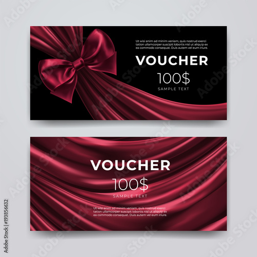 Gift voucher design template. Set of premium promotional card with realistic dark red bow and silk isolated on black background. Discount certificates, coupon or leaflet. Vector 3d illustration.