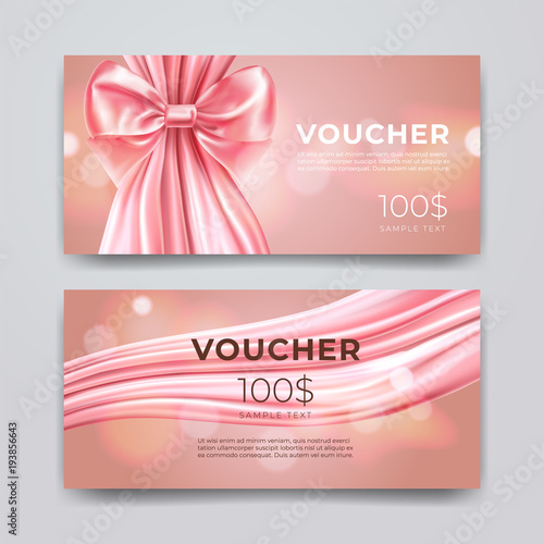 Gift voucher design template. Set of premium promotional card with realistic pink bow and silk isolated on bokeh background. Discount certificates, coupon or leaflet. Vector 3d illustration.