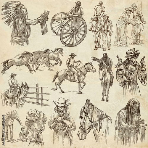 Wild West, American frontier and Native Americans - An hand drawn collection. Line art on old paper.