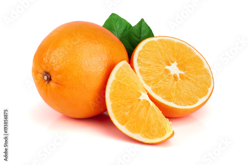 Orange with slice and leaf isolated on the white background