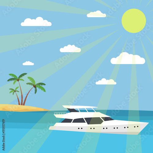 A yacht in the sea against the backdrop of an island with palm trees. The rays of the sun and clouds in the sky. Flat style. 10 eps