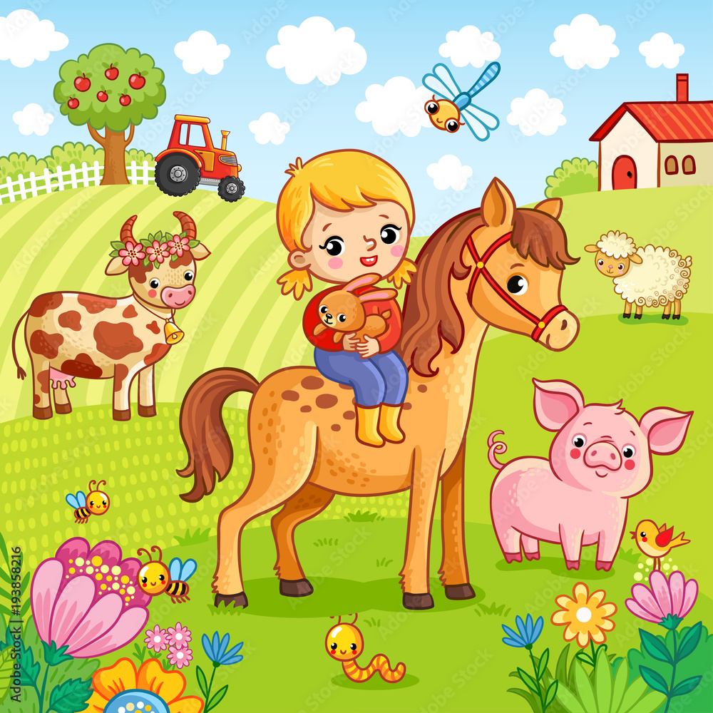 Naklejka premium The girl sits on a horse and holds a rabbit in her hands. Vector illustration with animals on the farm.