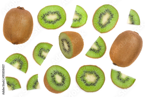 sliced kiwi fruit isolated on white background. Flat lay pattern. Top view
