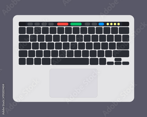 Modern laptop computer keyboard with blank bkack keyboard keys, touch panel and touchpad
