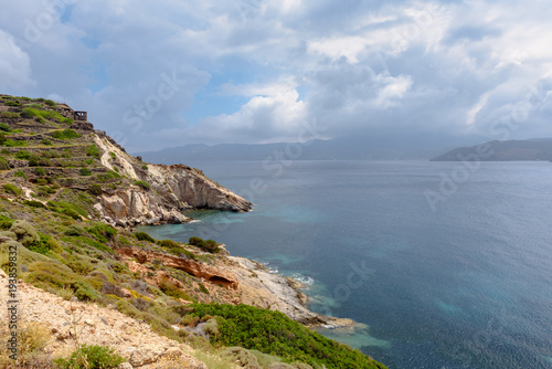 Beautiful coast of Milos island with view of Fourkovouni bay. Cyclades, Greece.