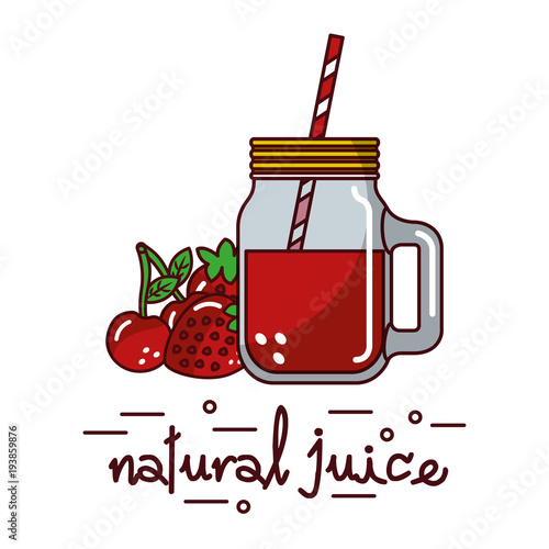 red fruits cherry strawberry and natural juice glass and straw vector illustration