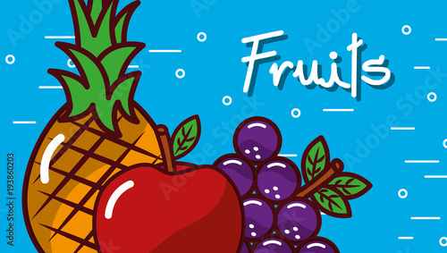 apple grape pineapple fruits blue background vector illustration