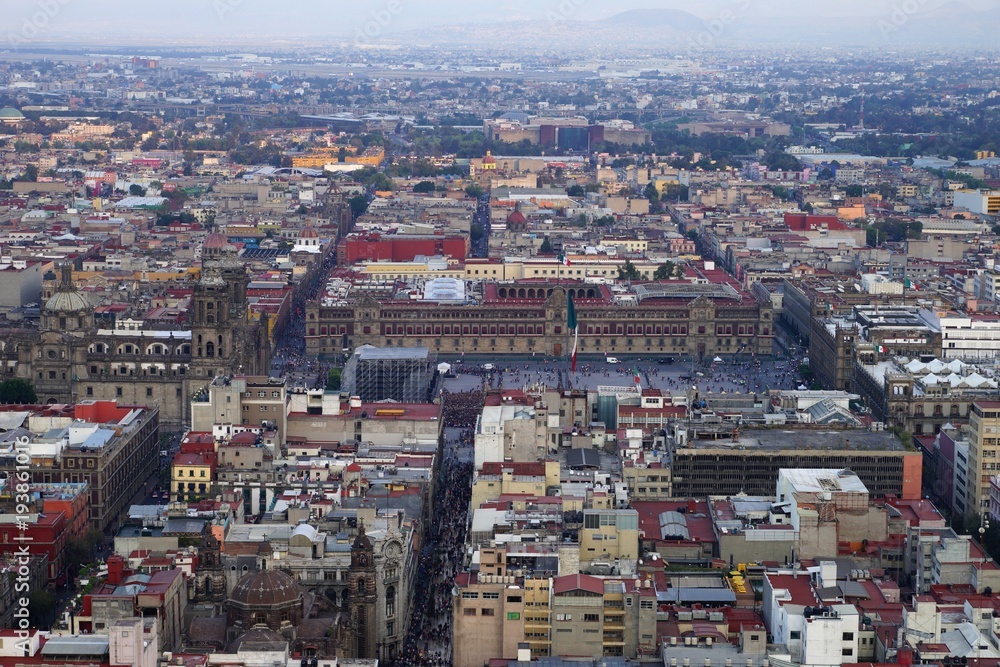 Aerial view of Mexico City center and Zocalo (Plaza de la Constitucion), Mexico