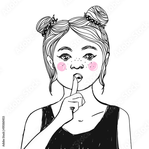 Pretty girl with pink cheeks and freckles making Shh sign and asking for silence with the finger on her lips. Vector character fashion illustration.