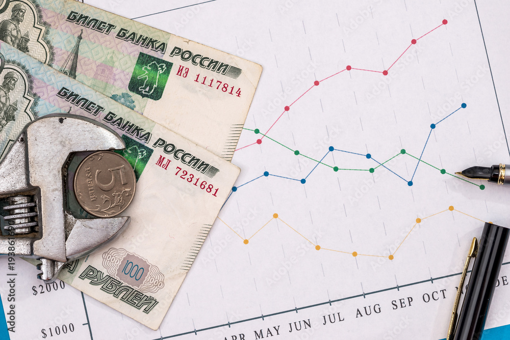 Naklejka premium chart, ruble banknotes. sanctions russia