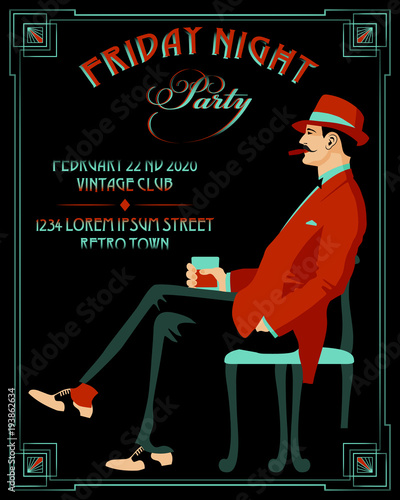 Gentleman with a glass of whiskey and a cigar. Retro Party invitation card. Handmade drawing vector illustration. Art Deco style.