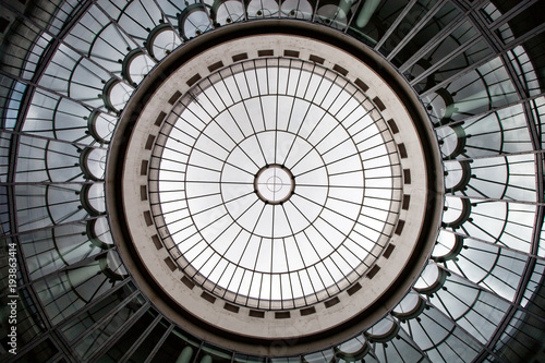 Geometric construction of glass and concrete in frankfurt, germany. Round glass dome. reflections, sector, segment, sphere, sphere, cylindrical shap