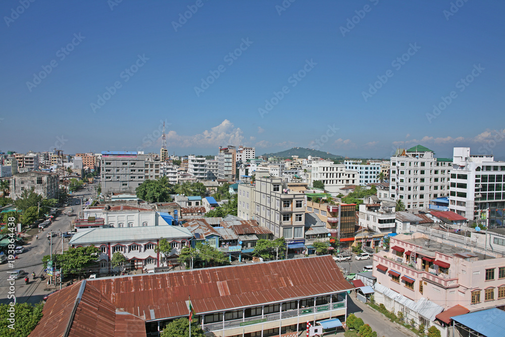 The cityscape of downtown Mandalay on a sunny day in Myanmar