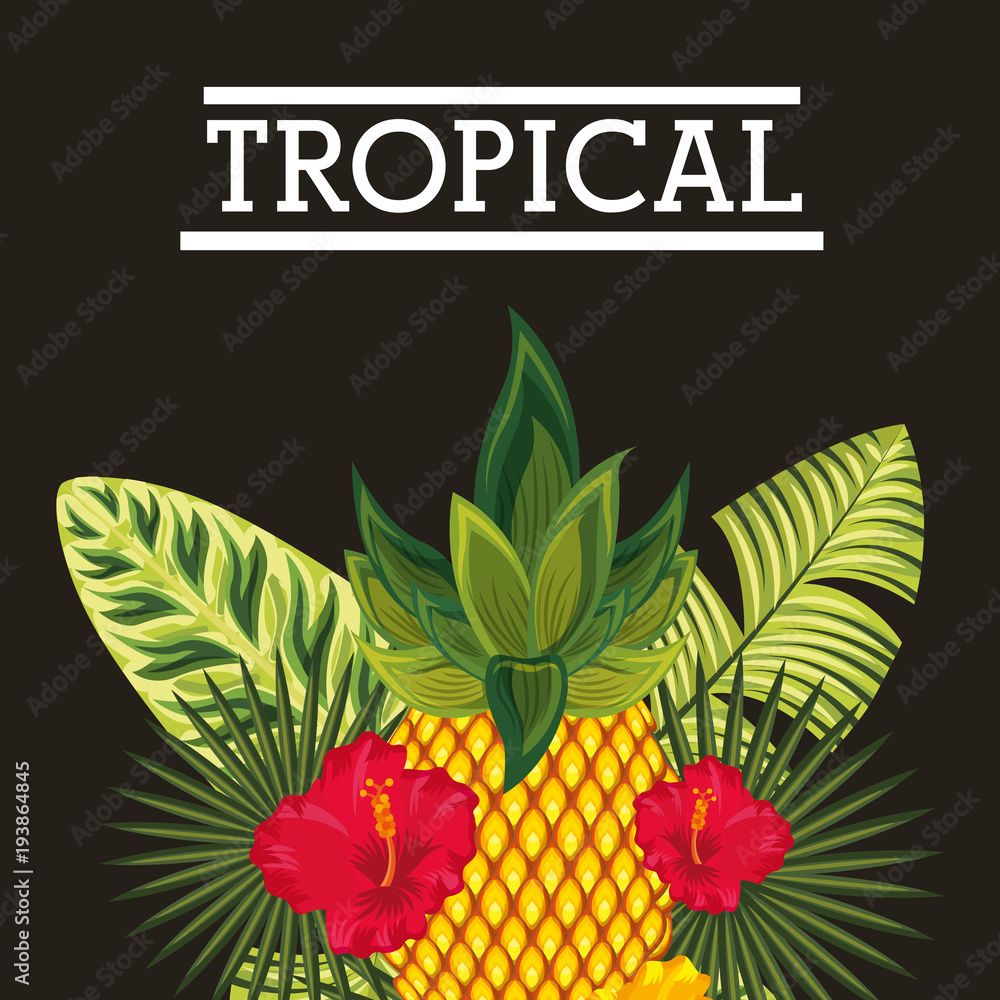tropical hibiscus flower pineapple fruit palm leaves vector illustration