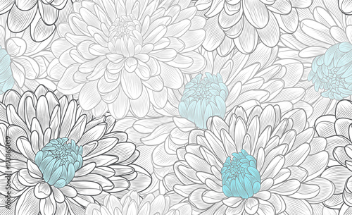 Monochrome seamless hand-drawing floral background with flower chrysanthemum.