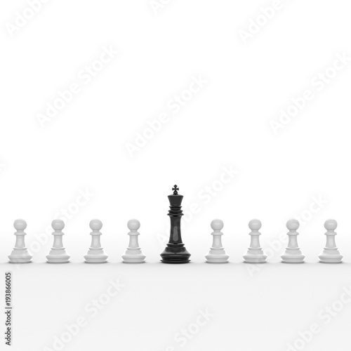Leadership concept  black king of chess  standing out from the crowd of white pawns  on white background. 3D rendering.