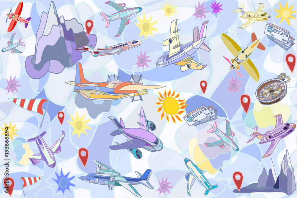 Vector seamless pattern with fantasy airplanes, clouds and travel destinations. Abstract travel or holidays background. Hand drawn.